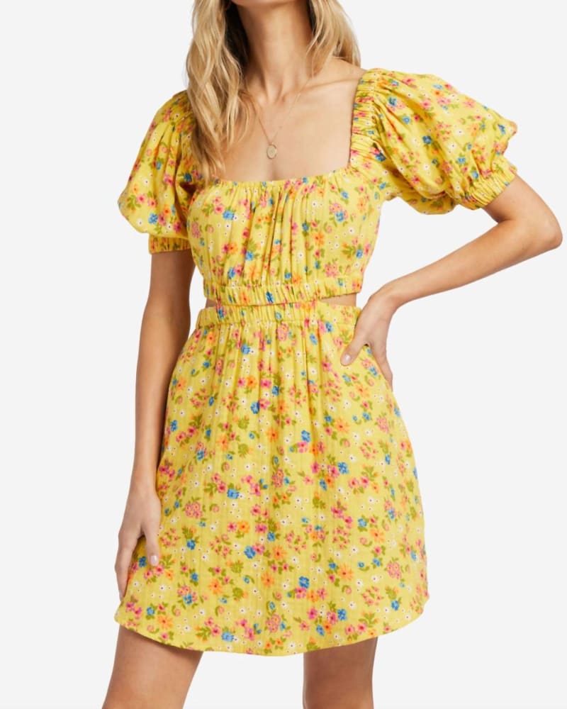 Front of a model wearing a size Large Dare To Bare Mini Dress in Honeybee in Honeybee by Billabong. | dia_product_style_image_id:335179
